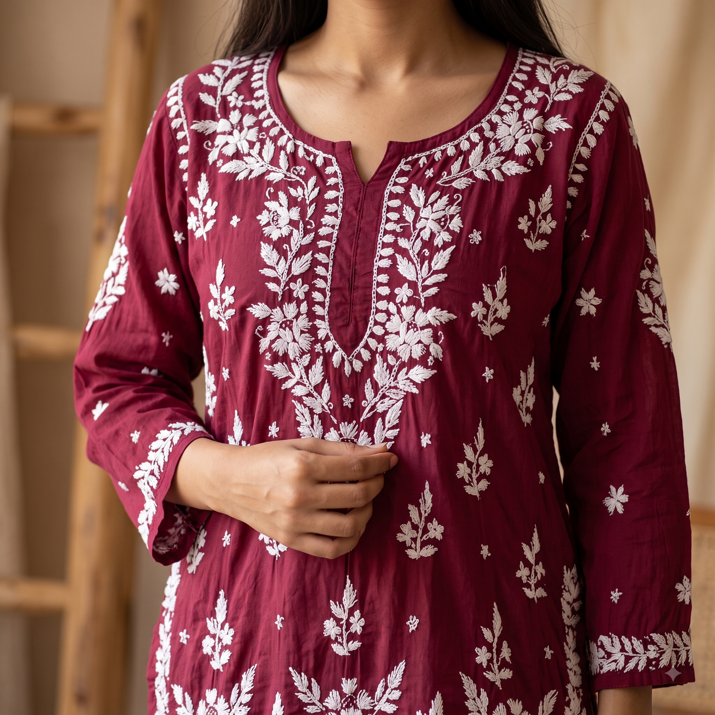 Hand Embroidered Chikankari Short Kurti – 3/4 Sleeve | Modal Fabric - Burgandy