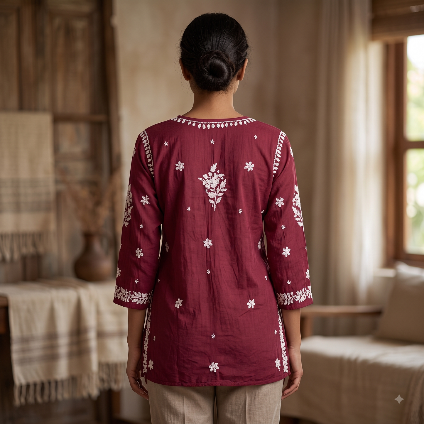Hand Embroidered Chikankari Short Kurti – 3/4 Sleeve | Modal Fabric - Burgandy