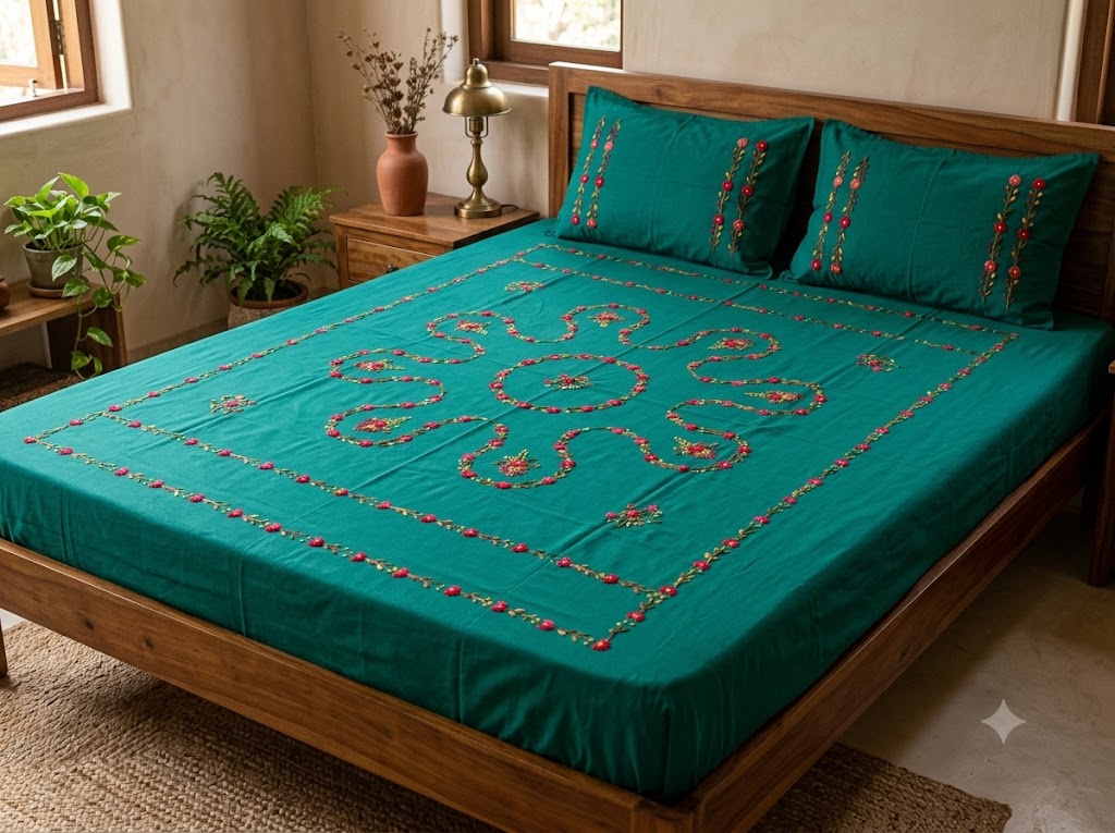 Title Title Chikonwala's Hand Embroidered Floral Design Bedsheet