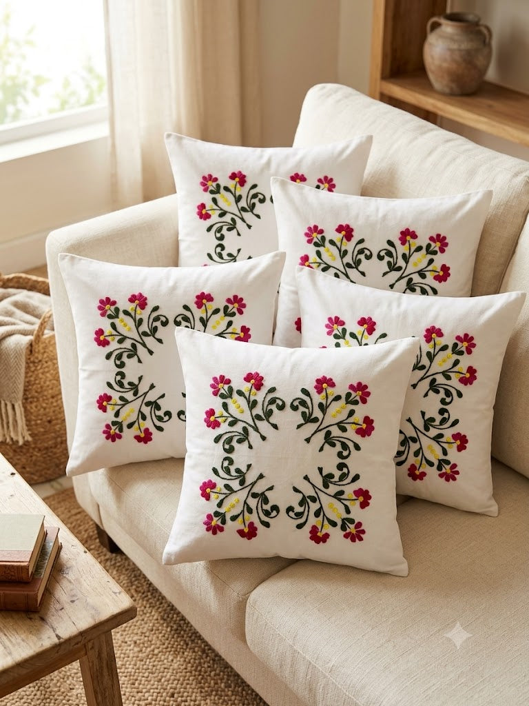 Hand Embroidered Cotton Cushion Covers (Set of 5)