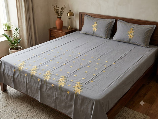 Premium Designer Embroidered Satin Cotton Bedsheet Set