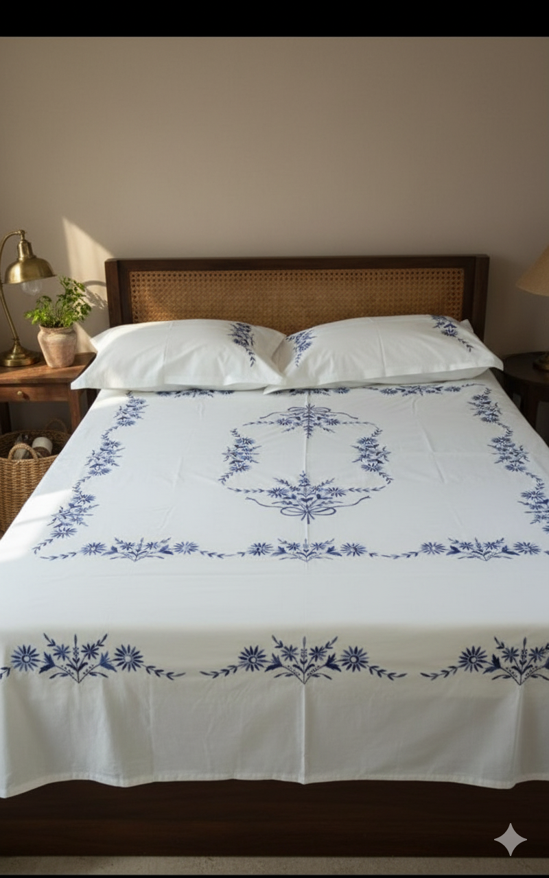 Luxury Hand-Embroidered Pure Cotton King Size Bedsheet – Crafted Elegance by Chikonwala