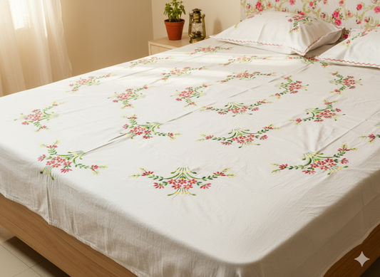Luxury Hand-Embroidered Pure Cotton King Size Bedsheet – Crafted Elegance by Chikonwala