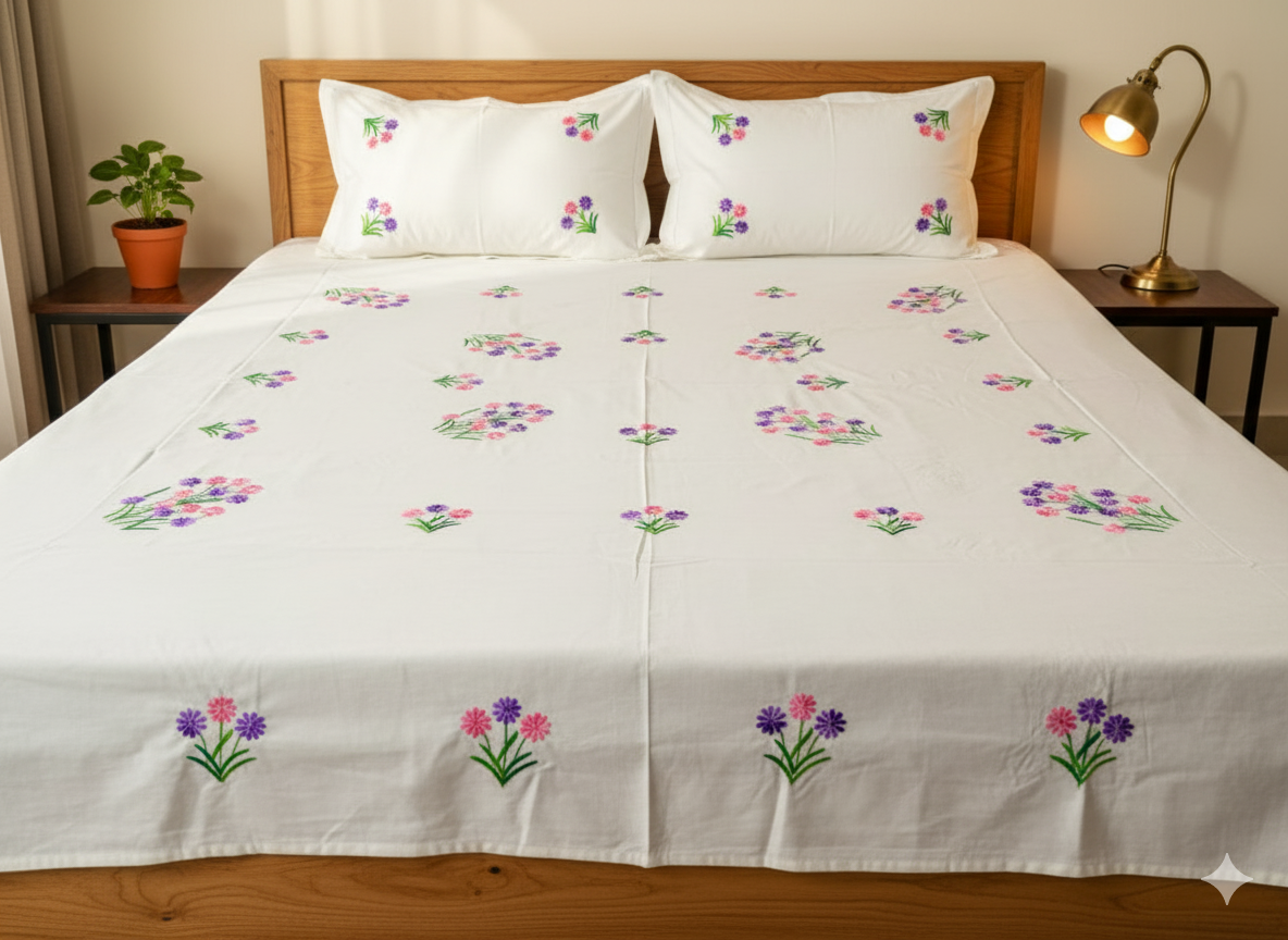 Luxury Hand-Embroidered Pure Cotton King Size Bedsheet – Crafted Elegance by Chikonwala