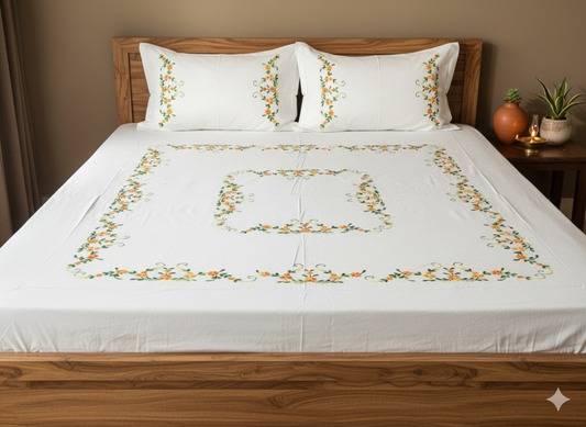 Luxury Hand-Embroidered Pure Cotton King Size Bedsheet – Crafted Elegance by Chikonwala