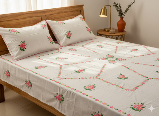 Luxury Hand-Embroidered Pure Cotton King Size Bedsheet – Crafted Elegance by Chikonwala