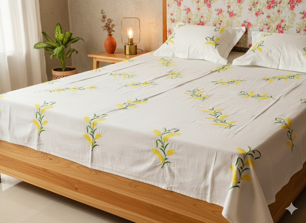 Luxury Hand-Embroidered Pure Cotton King Size Bedsheet – Crafted Elegance by Chikonwala