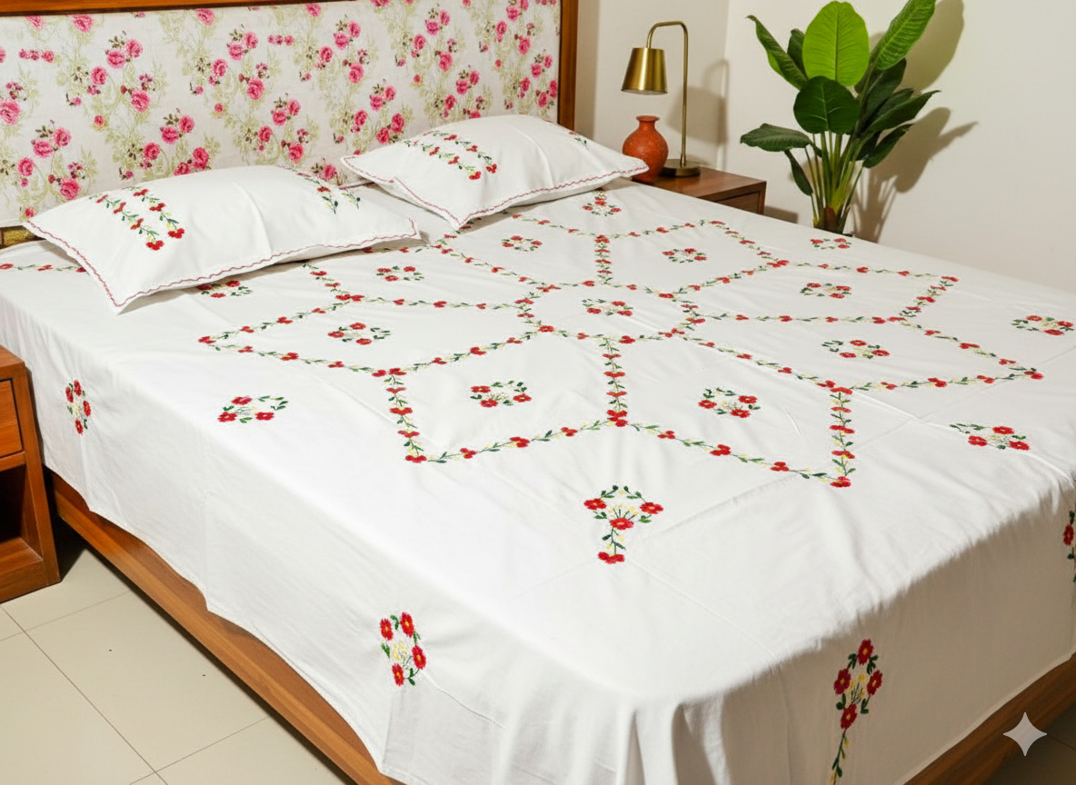 Luxury Hand-Embroidered Pure Cotton King Size Bedsheet – Crafted Elegance by Chikonwala