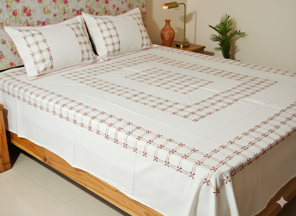Luxury Hand-Embroidered Pure Cotton King Size Bedsheet – Crafted Elegance by Chikonwala
