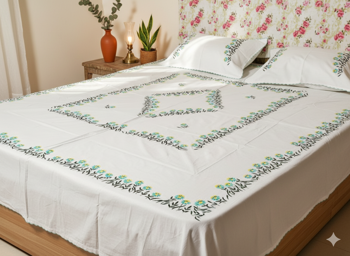 Luxury Hand-Embroidered Pure Cotton King Size Bedsheet – Crafted Elegance by Chikonwala