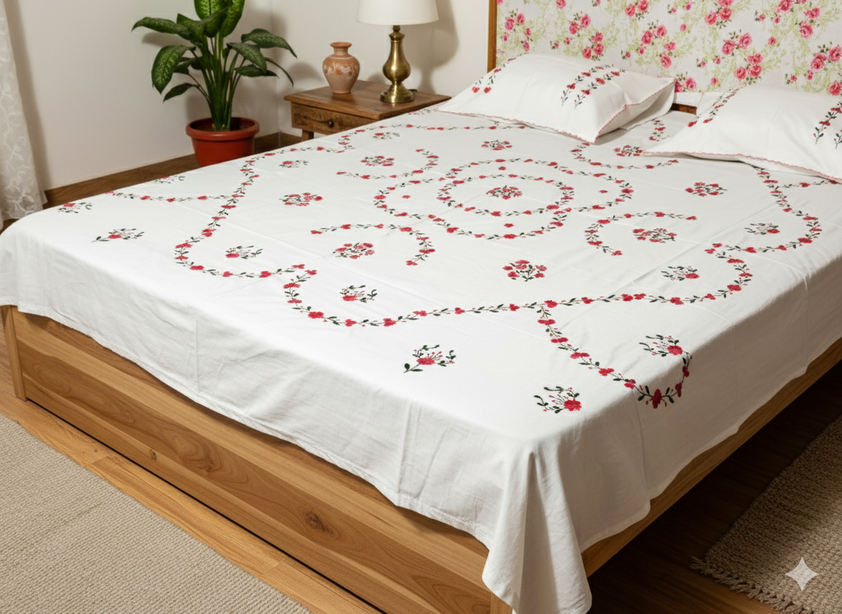 Luxury Hand-Embroidered Pure Cotton King Size Bedsheet – Crafted Elegance by Chikonwala