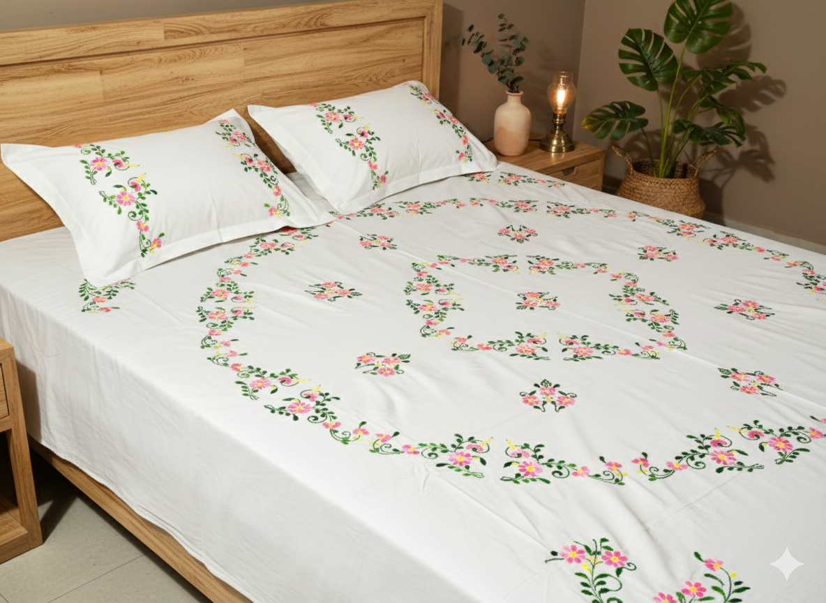 Luxury Hand-Embroidered Pure Cotton King Size Bedsheet – Crafted Elegance by Chikonwala