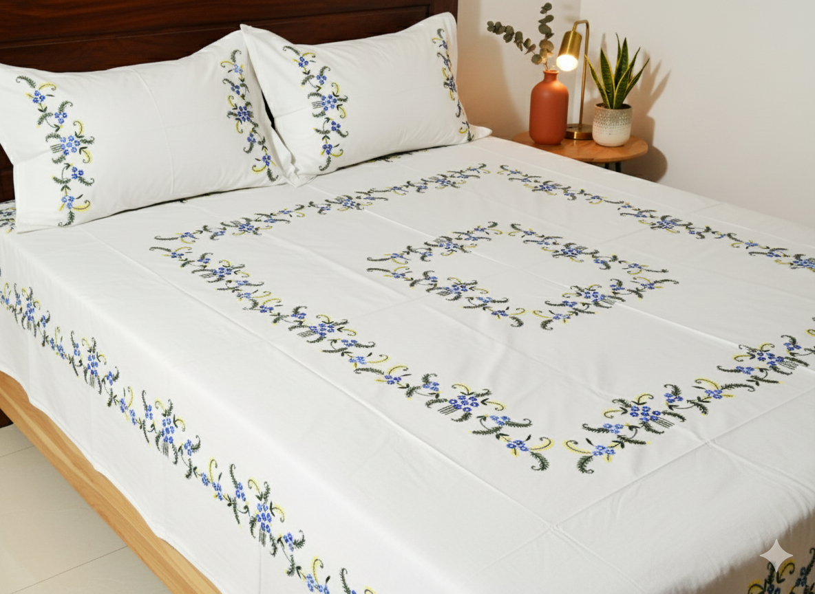 Luxury Hand-Embroidered Pure Cotton King Size Bedsheet – Crafted Elegance by Chikonwala