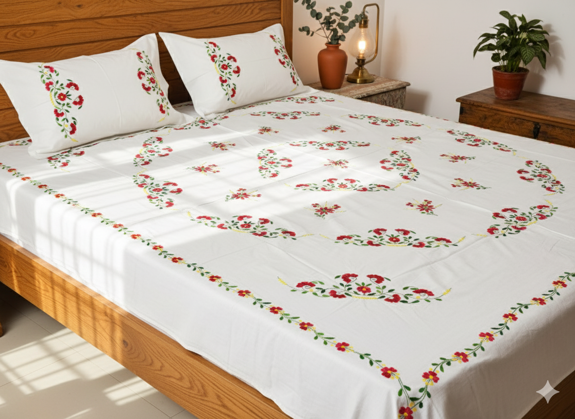 Luxury Hand-Embroidered Pure Cotton King Size Bedsheet – Crafted Elegance by Chikonwala