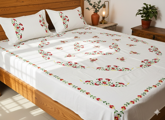 Luxury Hand-Embroidered Pure Cotton King Size Bedsheet – Crafted Elegance by Chikonwala
