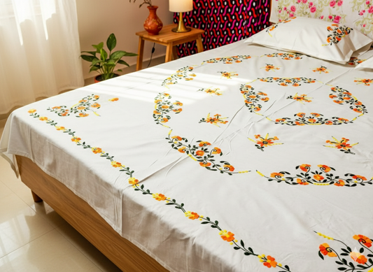 Luxury Hand-Embroidered Pure Cotton King Size Bedsheet – Crafted Elegance by Chikonwala
