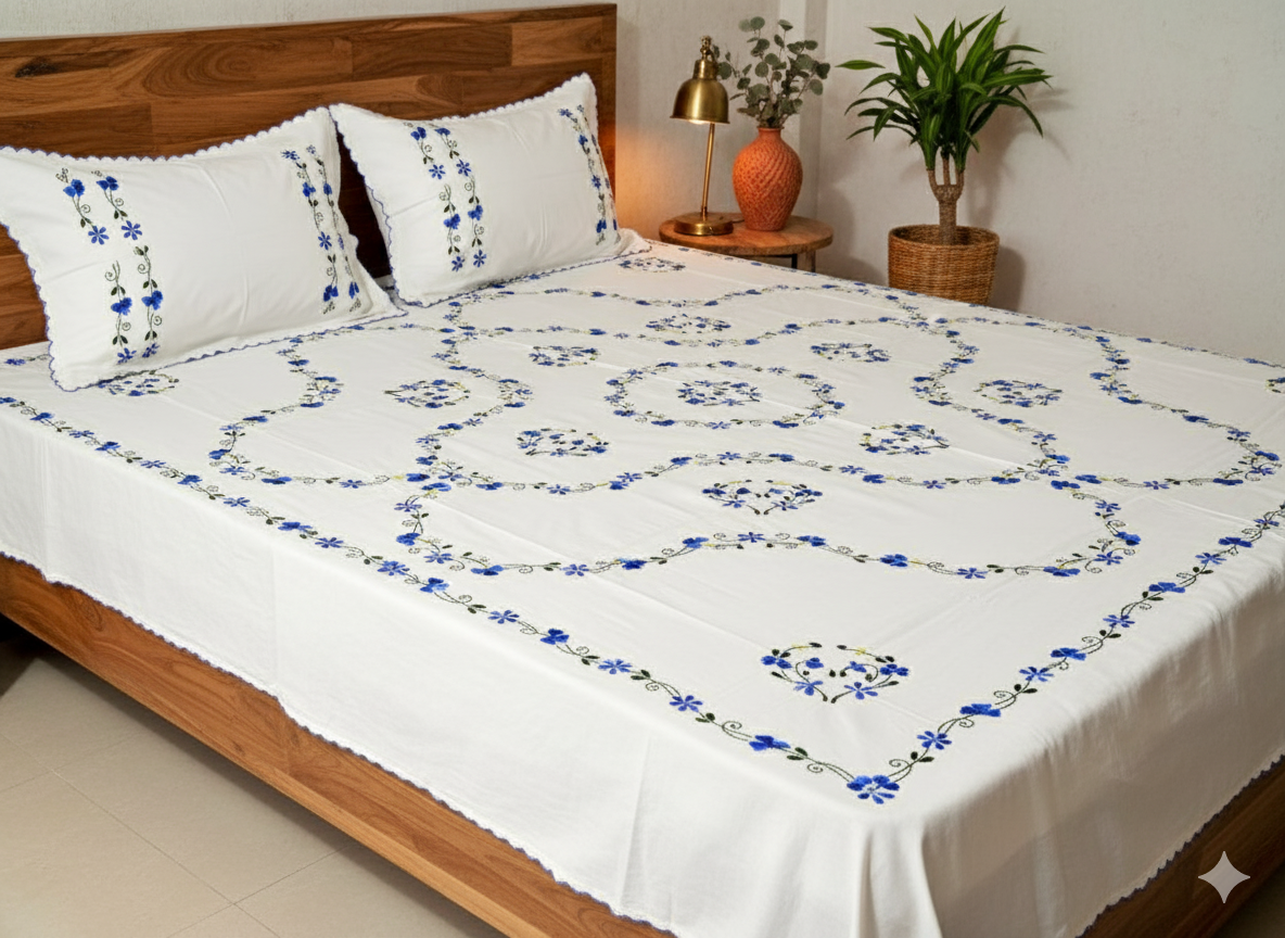 Luxury Hand-Embroidered Pure Cotton King Size Bedsheet – Crafted Elegance by Chikonwala