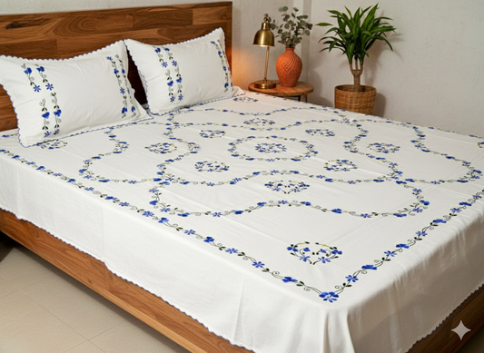 Luxury Hand-Embroidered Pure Cotton King Size Bedsheet – Crafted Elegance by Chikonwala