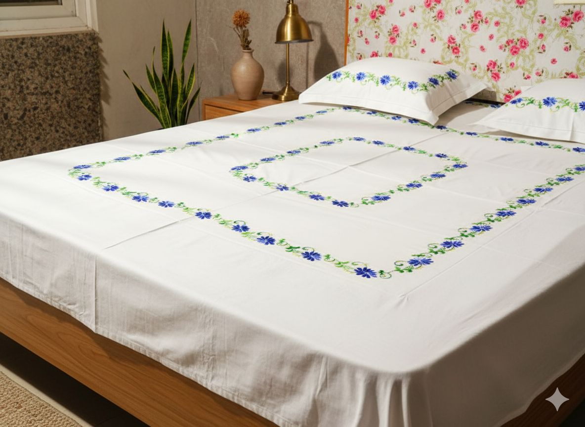 Luxury Hand-Embroidered Pure Cotton King Size Bedsheet – Crafted Elegance by Chikonwala