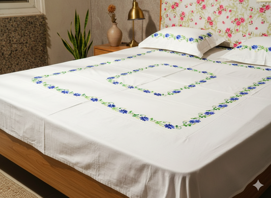 Luxury Hand-Embroidered Pure Cotton King Size Bedsheet – Crafted Elegance by Chikonwala