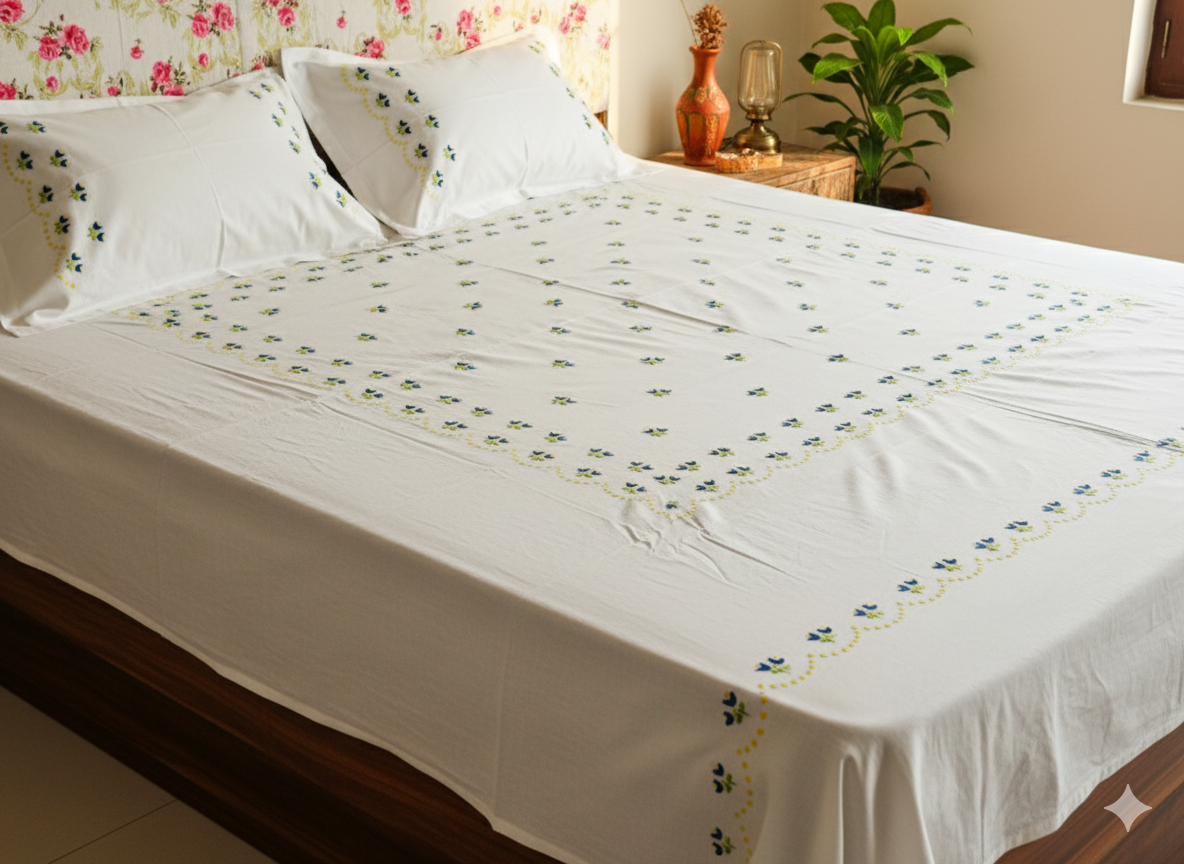Luxury Hand-Embroidered Pure Cotton King Size Bedsheet – Crafted Elegance by Chikonwala