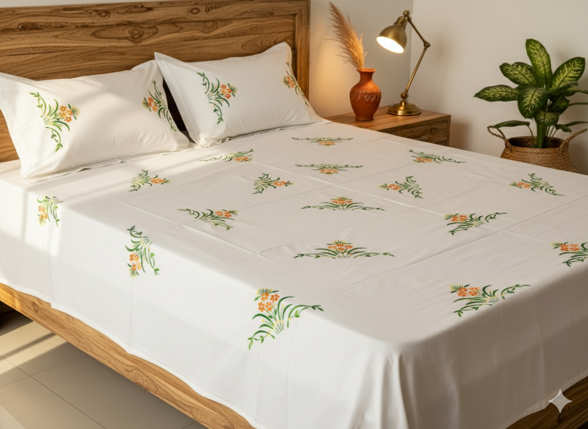 Luxury Hand-Embroidered Pure Cotton King Size Bedsheet – Crafted Elegance by Chikonwala