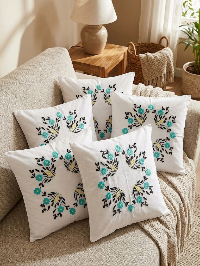 Hand Embroidered Cotton Cushion Covers (Set of 5)