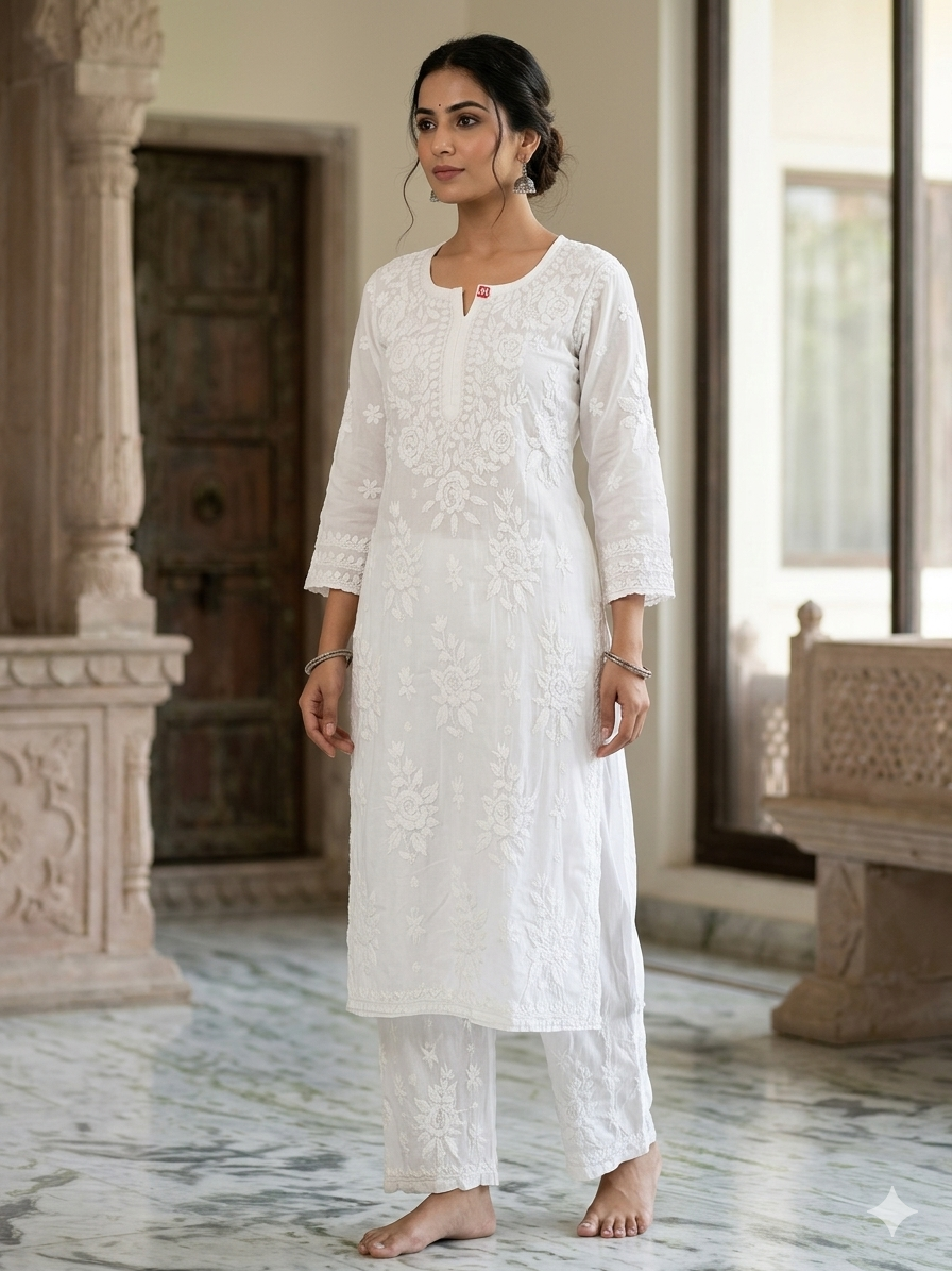 Pure White Modal Chikankari Hand Embroidered 2-Piece Kurti Pant Set