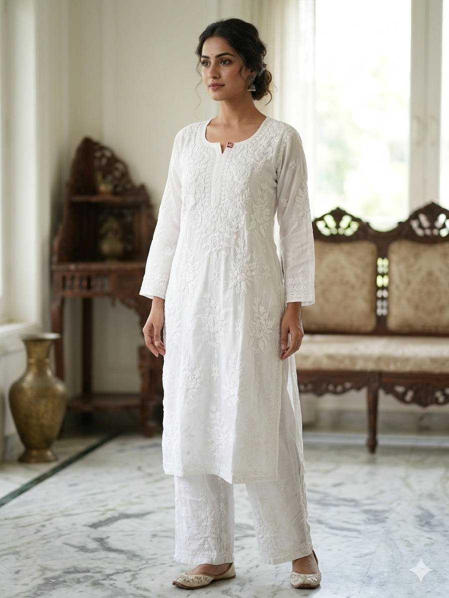 Pure White Modal Chikankari Hand Embroidered 2-Piece Kurti Pant Set