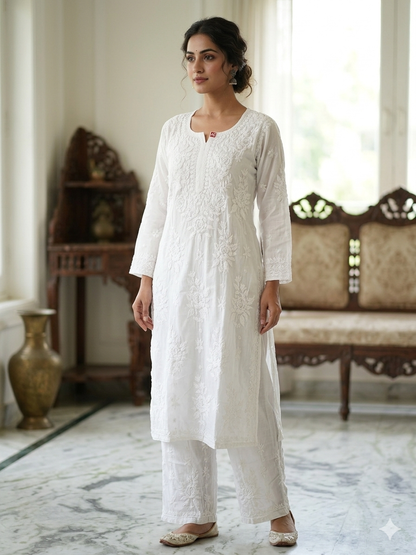 Pure White Modal Chikankari Hand Embroidered 2-Piece Kurti Pant Set