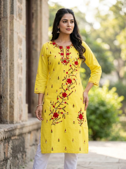 Hand Embroidered Pure Cotton Kurti Material | 3 Meter Premium Fabric | Made in India