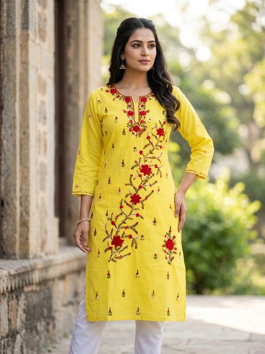 Hand Embroidered Pure Cotton Kurti Material | 3 Meter Premium Fabric | Made in India