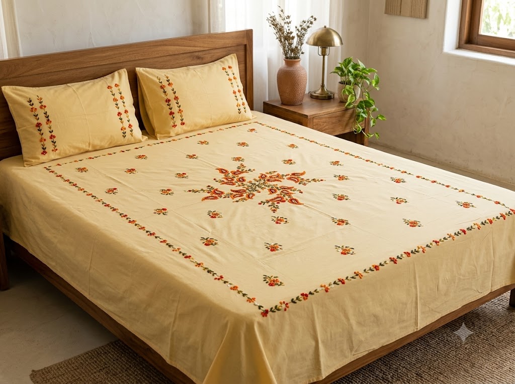 Title Chikonwala's Hand Embroidered Floral Design Bedsheet