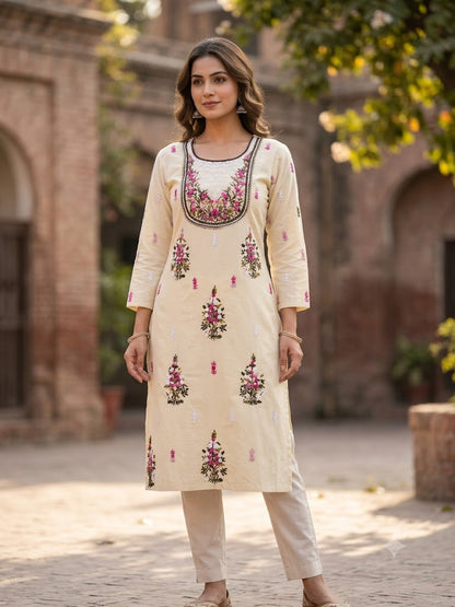 Hand Embroidered Pure Cotton Kurti Material | 3 Meter Premium Fabric | Made in India