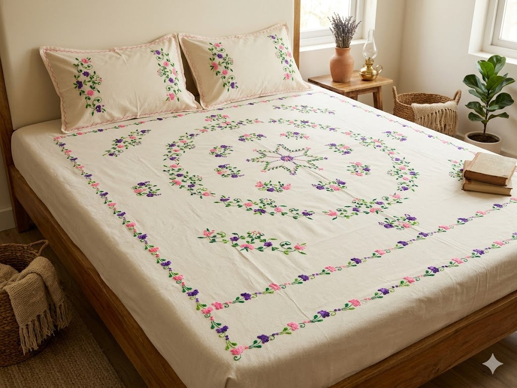 Chikonwala's Hand Embroidered Floral Design Bedsheet