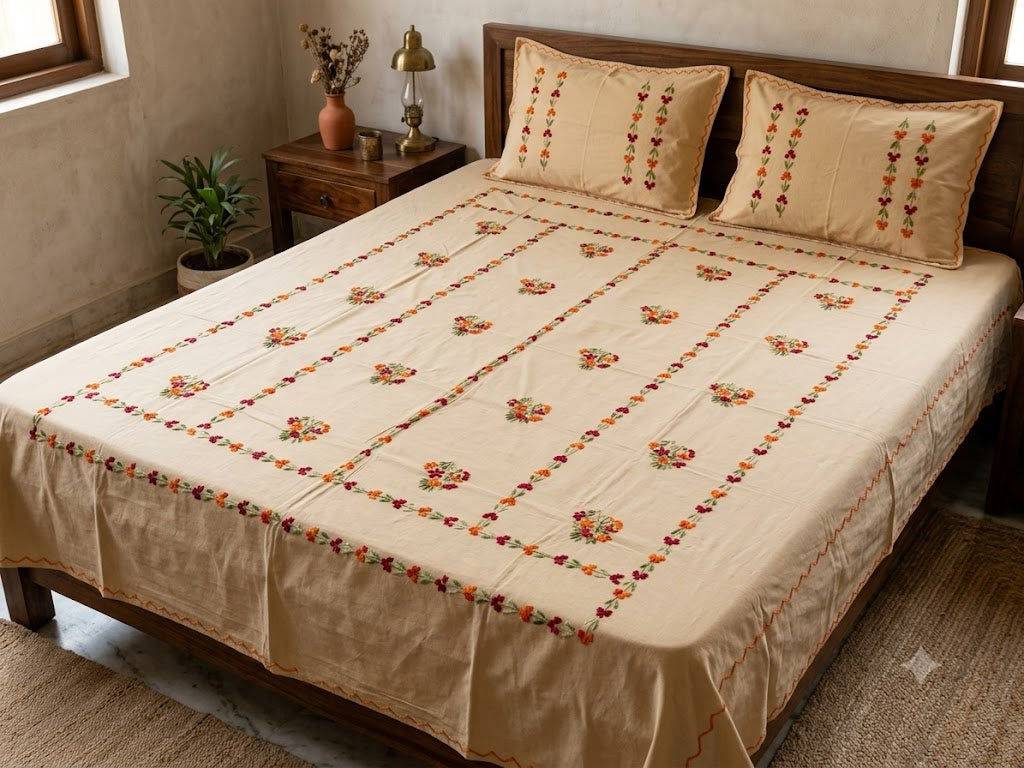 Title Chikonwala's Hand Embroidered Floral Design Bedsheet