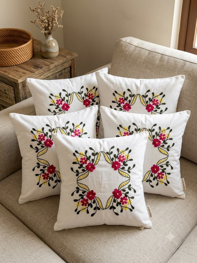 Hand Embroidered Cotton Cushion Covers (Set of 5)