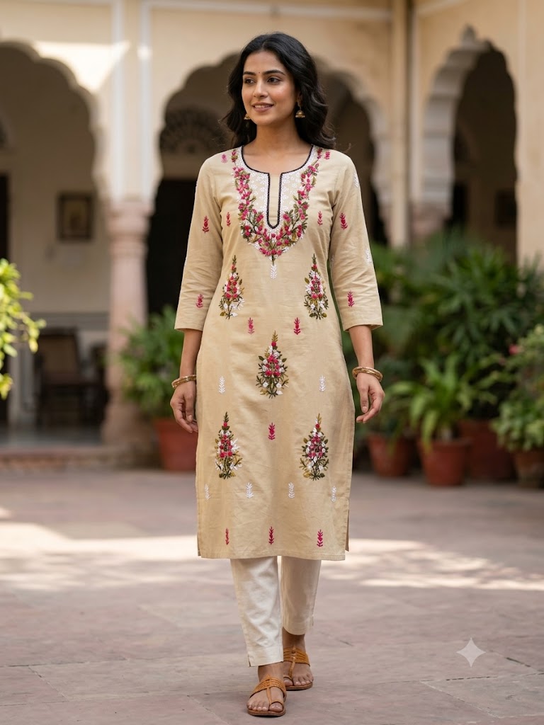 Hand Embroidered Pure Cotton Kurti Material | 3 Meter Premium Fabric | Made in India