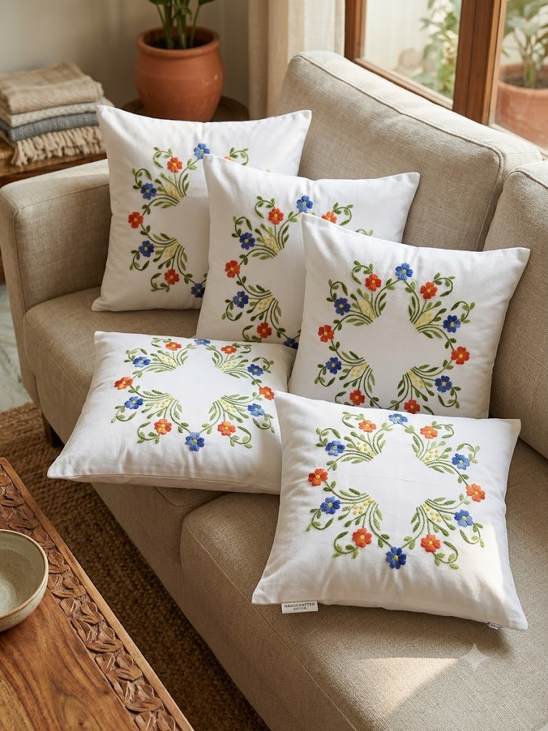 Hand Embroidered Cotton Cushion Covers (Set of 5)