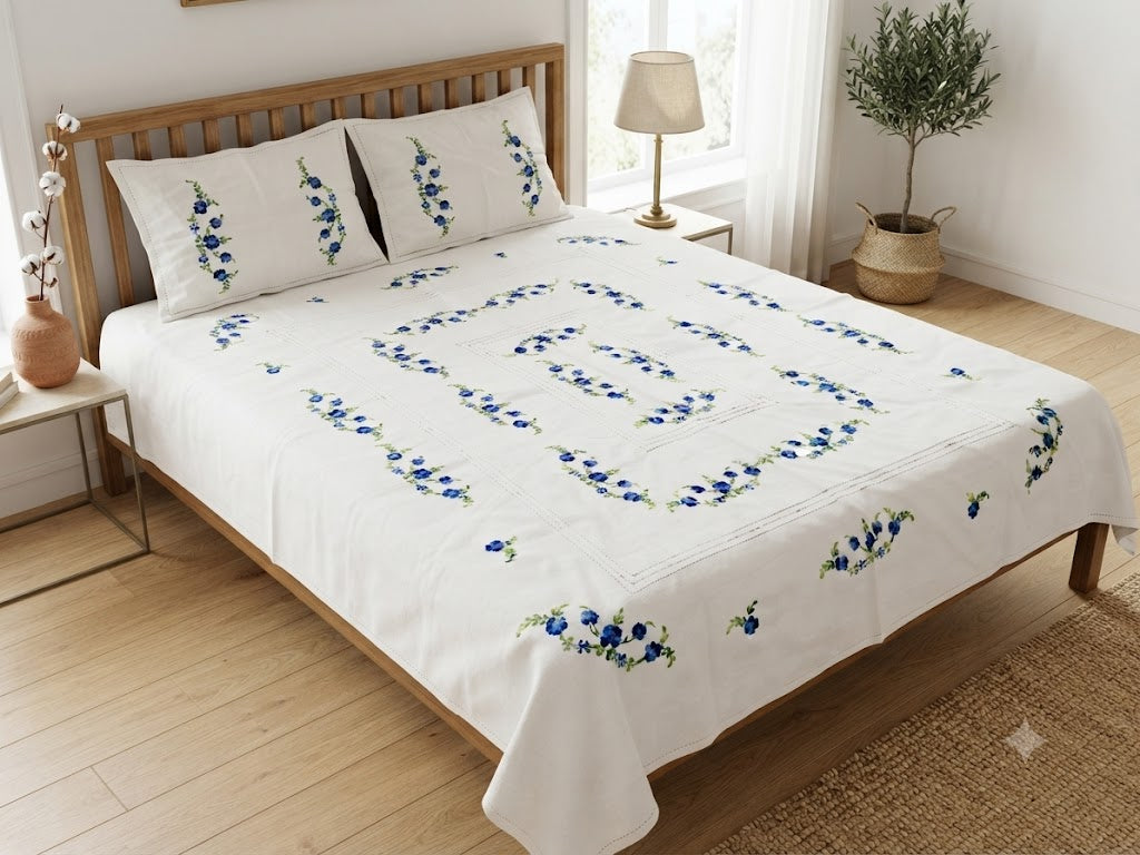 Chikonwala's Floral Embroidered Cotton Beading  Bedsheet