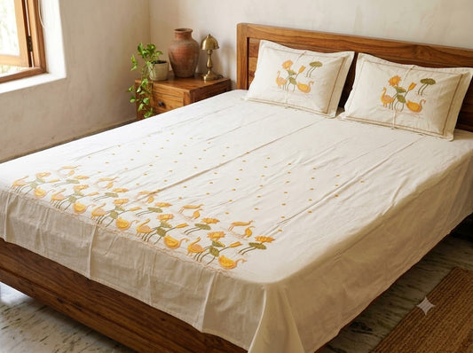 Premium Designer Embroidered Satin Cotton Bedsheet Set