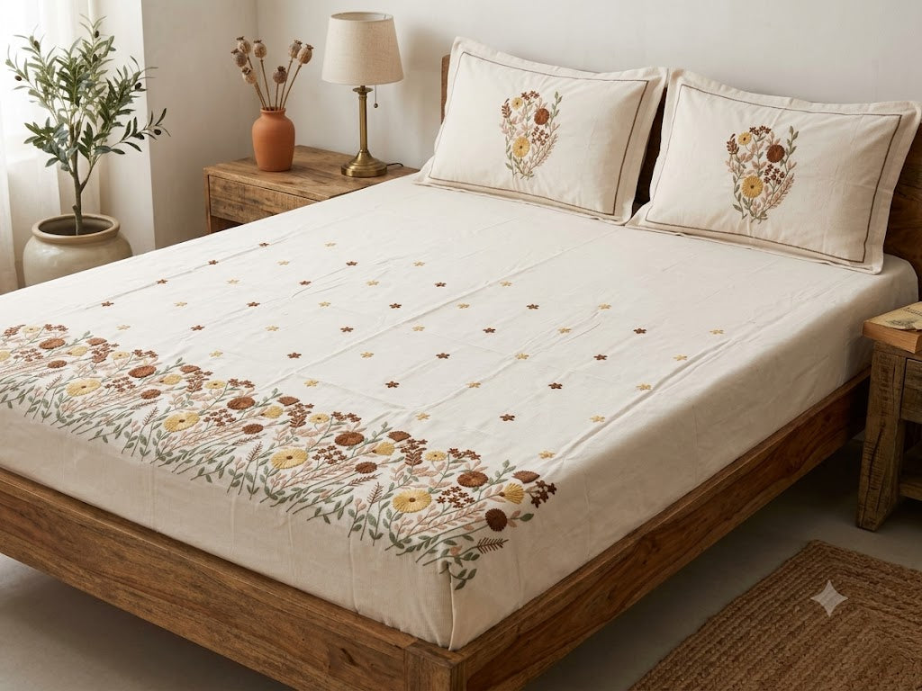 Premium Designer Embroidered Satin Cotton Bedsheet Set