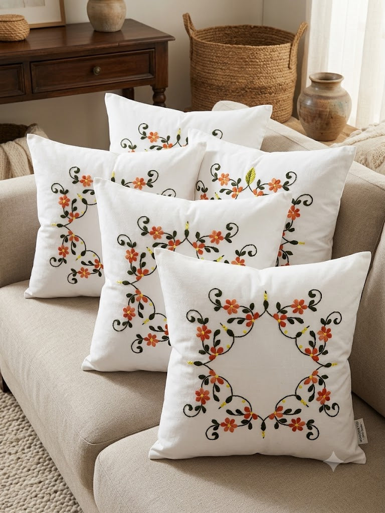 Hand Embroidered Cotton Cushion Covers (Set of 5)