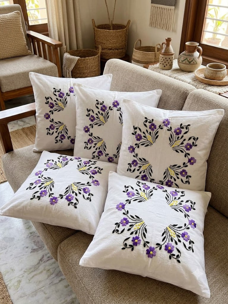Hand Embroidered Cotton Cushion Covers (Set of 5)