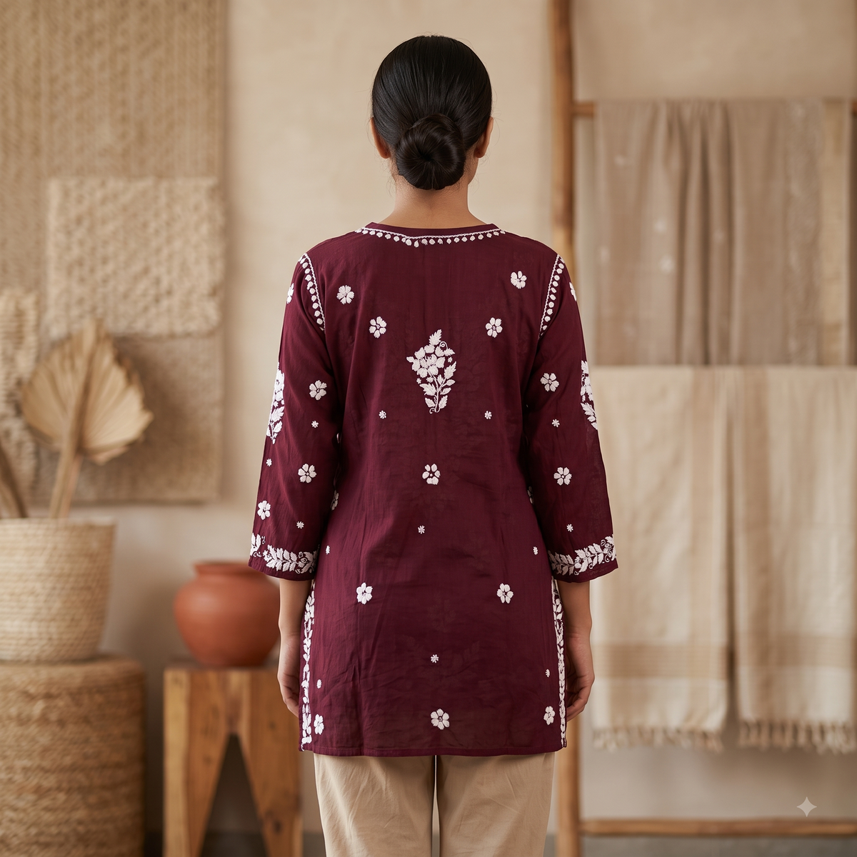 Hand Embroidered Chikankari Short Kurti – 3/4 Sleeve | Modal Fabric - Maroon