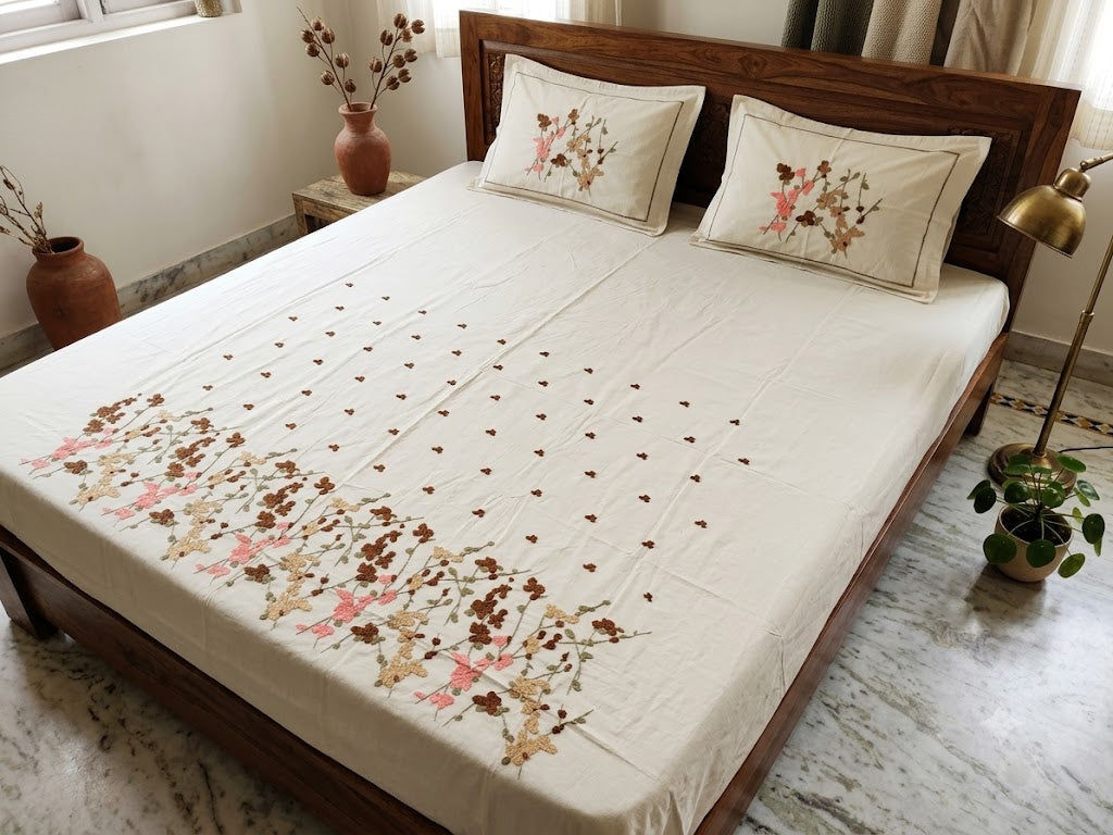 Premium Designer Embroidered Satin Cotton Bedsheet Set