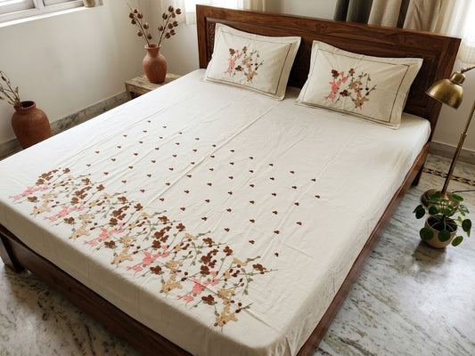 Premium Designer Embroidered Satin Cotton Bedsheet Set