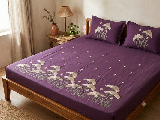 Premium Designer Embroidered Satin Cotton Bedsheet Set