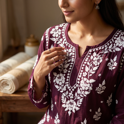 Hand Embroidered Chikankari Short Kurti – 3/4 Sleeve | Modal Fabric - Maroon
