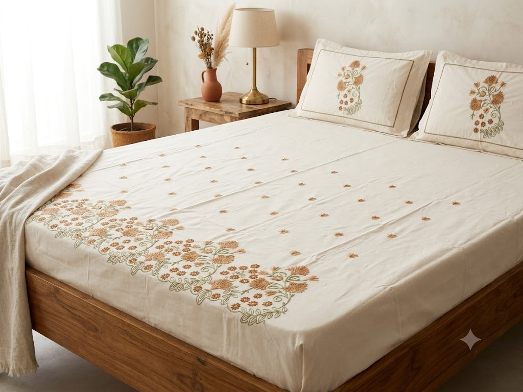 Premium Designer Embroidered Satin Cotton Bedsheet Set